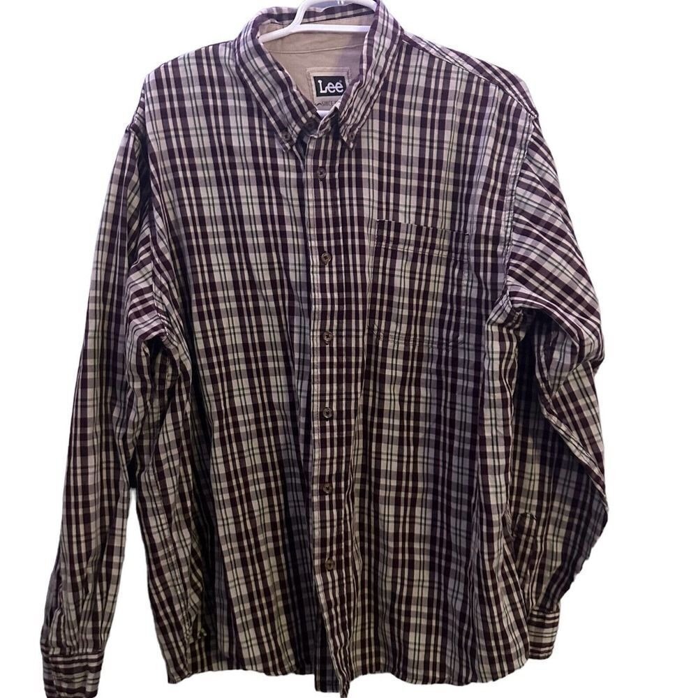Lee Shirt‎ Mens XL Long Sleeve Button Up Plaid Red Brown Casual Work Wear